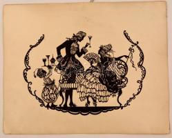 Jelzés nélkül: Sziluett pezsgöző párocska. Kollázs, papír, 15×22 cm