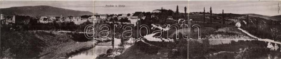 Szluin, Slunj; 'Pozdrav iz Slunja', látkép, Slunjcica folyó, hegyek, 3 részes kihajtható panorámalap / general view, river, mountains 3-tiled panorama postcard (hajtásnál szakadt / bent til broken)