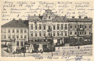 Chernivtsi, Czernowitz; Piata Unirii / Ringplatz / central square, market, M. Tirst, Heinrich Pardini, H. Bianowicz shops (vágott / cut)