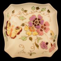 Zsolnay pillangómintás ékszertartó doboz, kézzel festett, jelzett, hibátlan, 10x10x6 cm