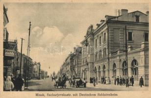 Minsk; Sacharjevskastr. mit Deutschem Soldatenheim / street with German military barracks, shops, automobile, horse cart (EK)