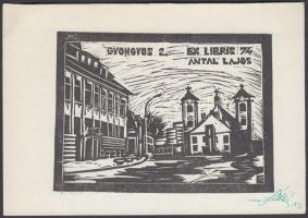 Fábián Tivadar: Gyöngyös. Ex libris Antal Lajos. Linó, papír, jelzett, 11x15 cm