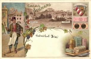 Gorizia, Görz; General view, coat of arms, Cacao Suchard advertisement, floral litho (kis szakadás / small tear)