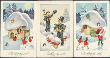 5 db RÉGI üdvözlőlap; gomba, törpe, kéményseprő / 5 pre-1945 greeting postcards; mushroom, dwarf, chimney sweeper