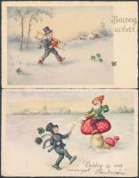 5 db RÉGI üdvözlőlap; gomba, törpe, kéményseprő / 5 pre-1945 greeting postcards; mushroom, dwarf, ch...