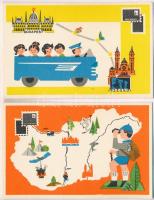 4 db MODERN megíratlan motívumos képeslap; takarékbélyeg reklámlap / 4 modern unused motive postcards; savings stamps advertisement, s: Solymosi Xénia