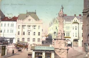 Újvidék, Novi Sad; Ferenc József tér, Glück János, Kovács József, Burmann Sándor puskaműves üzletei, cukrászda, takarékpénztár, villamos / square, shops, confectionery, savings bank, tram (Rb)