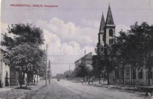 Zimony, Zemun, Semlin; Franzensthal, Főutca, templom, kiadja ifj. Martin Scherer / main street, church