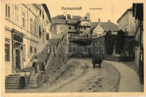 Nagyszeben, Hermannstadt, Sibiu; Várlépcső, gyógyszertár / Burgerstiege / street, pharmacy