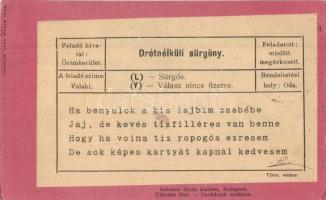 Drótnélküli sürgöny képeslapra ragasztva, Galantai Gyula kiadása / Humorous wireless telegram glued on postcard