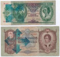 1932. 50P + 1936. 10P mindkettő hamis nyilaskeresztes festéssel + 1930. 100P (2x) mindkettőn gótbetűs Német Harmadik Birodalom felülbélyegzés (banknotes with fake overprints) T:III