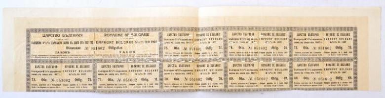 Bulgária / Szófia 1907. "4 1/2°-os Arany Kölcsön" kötvény 500Fr-ról, szelvényekkel és bély...
