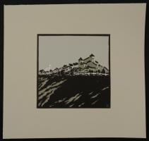 Kós Károly (1883-1977): Rozsnyó vára. Színes linómetszet, papír, jelzett a linon, 11×11 cm