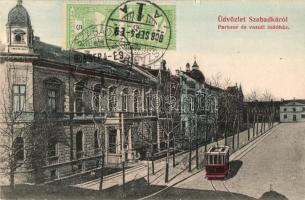 Szabadka, Subotica; parksor és vasúti indóház, állomás, kiadja Víg Zsigmond Sándor / park alley, railway station, tram (kis szakadás / small tear) TCV card