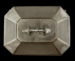 Alpakka cukordoboz, kulcs nélkül, gravírozott címerrel, m:11 cm, 10×13 cm