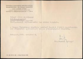 1958 Csanádi György (1905-1974) közlekedéspolitikus, tanszékvezető gépelt köszönőlevele Váradi János (1920-2005) gépészmérnök, dékán részére, egyetemi fejléces papíron, Csanádi aláírásával