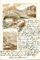 1897 Tátra, Vysoké Tatry; Felkai tó, Schleiserhaus am Felkaer See / lake, mountains, M. Kuschel floral, Art Nouveau, litho (vágott / cut)