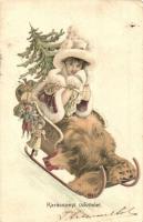 Karácsonyi üdvözlet / Christmas greeting card, sledding lady, litho (EK)