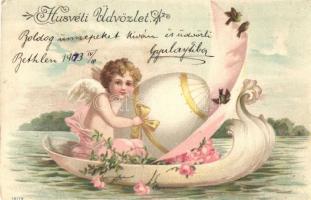 Húsvéti üdvözlet / Easter greeting card, angel in feather boat, litho (EK)