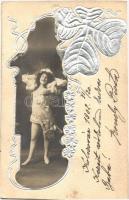 Lady, silver Emb. Art Nouvea postcard (EK)
