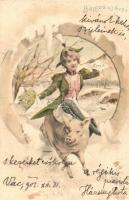 Boldog Újévet! / New Year greeting card, pig riding lady, litho s: Hegedűs-Geiger R. (EK)