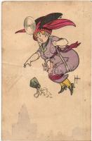 Flying lady, humour, artist signed (fa)