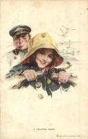 A Helping hand / Lady with captain in boat, Reinthal & Newman Water Color Series No. 388. s: Harrison Fisher