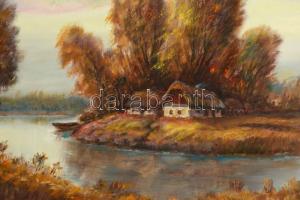 Böröczky Ferenc (1921-2004): Házak a szigeten. Olaj, farost, jelzett, keretben, 50×90 cm