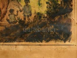 Iványi Grünwald Béla-Prihoda István: Táborozók. Színezett rézkarc, papír, jelzett, foltos, üvegezett...