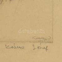 Kórusz József  (1927-2010):  Malomnál. Rézkarc, papír, jelzett, üvegezett keretben, 16×28 cm