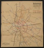 1957 Budapest közlekedési térképe, 1:50000, A Fővárosi Villamosvasút Sajtó- és Balesetelhárítási Csoportja, jelmagyarázattal, menetrendekkel, kis szakadásokkal, 40×36 cm