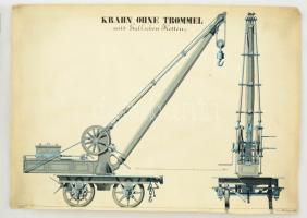 1867 Vasúti daru kézzel készített, színezett, nagyméretű rajza. Szép állapotban. / 1867 Railway-crane large hand drawn, colored drawing. 65x46 cm