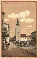 Nagyszombat, Trnava; Ferenc József tér, Steinitz és fia áruháza, üzletek, templom / square, shops, church (EM)