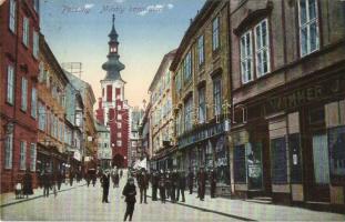 Pozsony, Pressburg, Bratislava; Mihály kapu utca, H. Wimmer üzlete / street, shop (kopott sarok / worn corner)