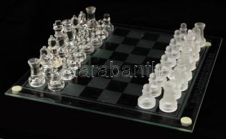 Üveg sakk készlet, eredeti dobozában, teljes, tábla mérete: 25x25 cm