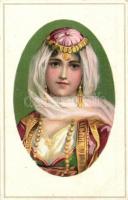 2 Serbian folklore postcards, lady, L&B Ser 16365. Dessin 1. & 3. litho