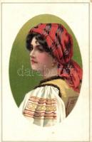 2 Serbian folklore postcards, lady, L&B Ser 16365. Dessin 1. & 3. litho