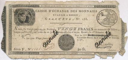 Franciaország / Rouen 1797-1803. 20Fr "annulé (érvénytelen)" felülbélyegzéssel T:IV  France / Rouen 1797-1803. 20 Francs "annulé (cancelled)" C:G   Krause S245a