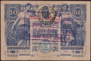 1902. 50K köralakú fekete román ellenbélyegzővel + fordítva téglalap alakú  ráütött nagyalakú lila "Főszolgabíró Hivatal Pancsova 1919. jan.17..." (gyakorlatilag román és szerb bélyegzők együtt!) T:II-/III+