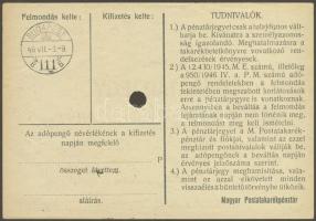 1946. 10.000AP pénztárjegy hátoldalán "vovatkozó" + "pénztárjegyre" szóban kis j...