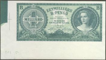 1946. 1000.000.000 B.-pengő "zöld" bal alsó széles sarokívnél mindkét oldali illetsztőkereszttel, színpróbával, függőleges teljesen átfedő papírránccal nyomdai megjegyzéssel. T:I RR!!