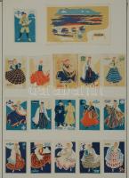 156+10 db szovjet gyufacímke, kartonra ragasztva, különféle témákban: népművészet, állatok, divat, s...