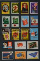 154+2 db belga gyufacímke, kartonra ragasztva, különféle témákban: kávé, ital, reklám, repülők, stb