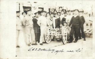 1914 SMS Babenberg, a K. u. K. haditengerészet csatahajója, legénység a fedélzeten, ágyú / SMS Babenberg, Austro-Hungarian Navy pre-dreadnought battleship, crew on board, cannon, photo