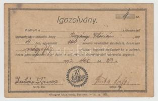 1922 Hangya szövetkezeti igazolvány, alacsony sorszám