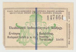 1932 Budapest-Budatétény, Isaszeg, Törökbálint vonalra érvényes kedvezményes árú füzetjegy