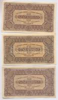 1923. 100K (3x) egyik "Magyar Pénzjegynyomda Rt. Budapest" jelöléssel, a többi nyomdahely ...
