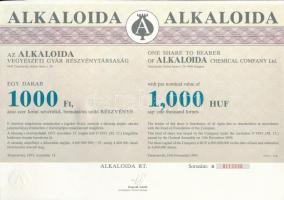 Tiszavasvári 1993. "Alkaloida Vegyészeti Gyár Részvénytársaság" részvénye 1000Ft-ról, magyar és angol nyelvű, szárazpecséttel és szelvényekkel T:I-