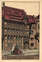 Braunschweig, Gildehaus, Burgplatz / half-timbered house, main square, Künstler-Stein-Zeichnung Nr.1 litho art postcard