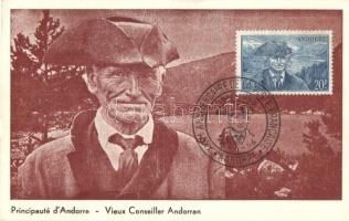 Andorra, Principauté dAndorre - Vieux Conseiller Andorran / Old advisor, Carte Maximum + XXV. Anniversaire de la poste Francaise So. Stpl, TCV card